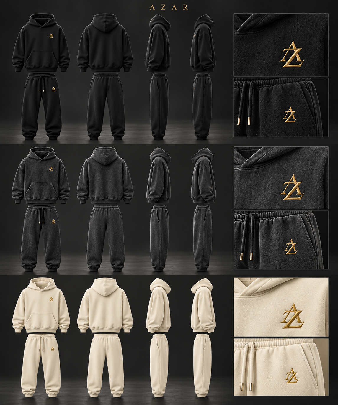 AZAR concept collection: hoodies and sweatpants in black, charcoal and cream